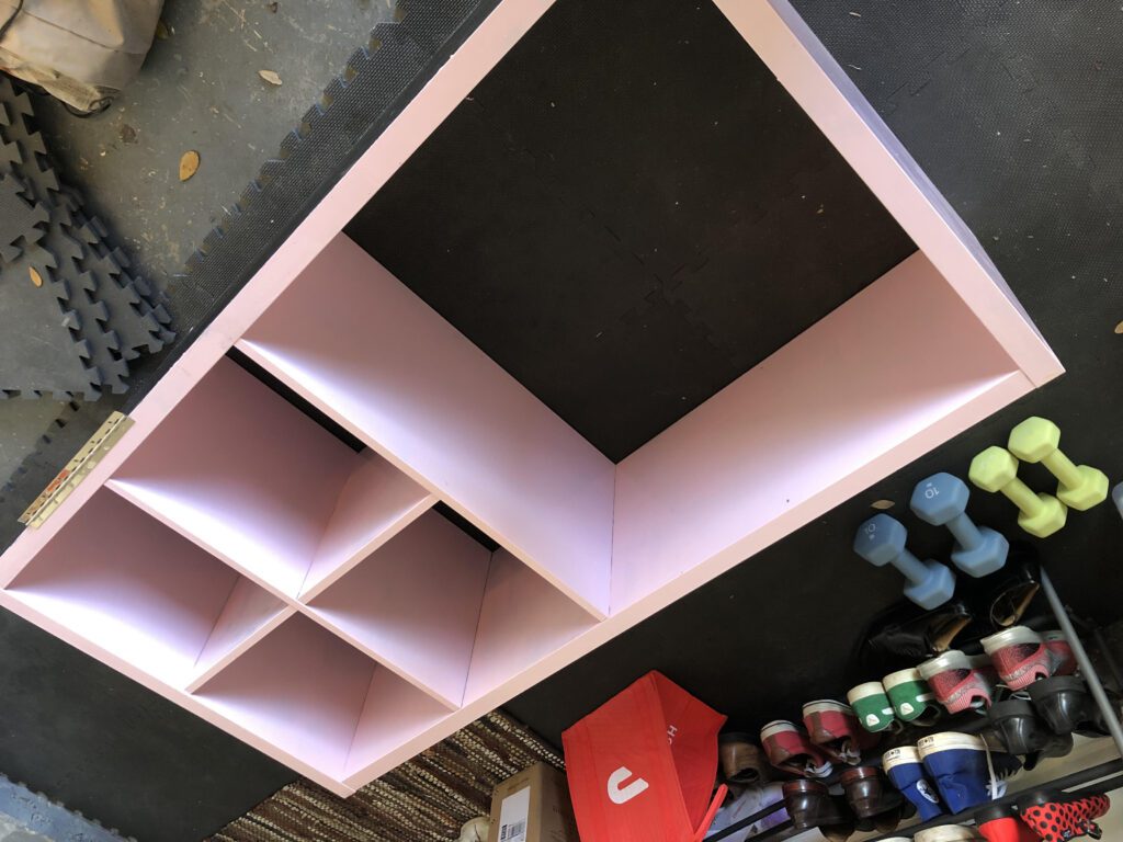 pink base to cat birthing box built at home