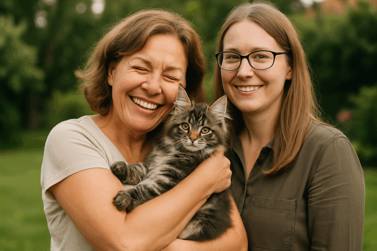 a happy buyer with her new kitten standing with the breeder