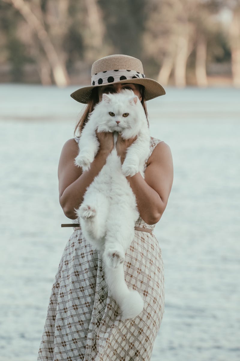 Woman holding a fluffy breeding white cat by a tranquil lake in Adana, Türkiye.
